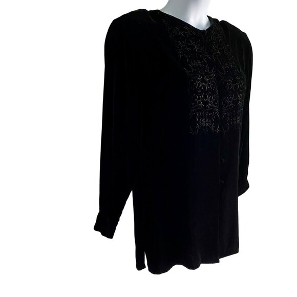 Annie Alexander Women's Black Velvety Embellished Button-Down Blouse Medium - Picture 4 of 11